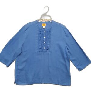 Ruby Rd Shirt Womens XL Blue Linen Band Collar Cottage Lagenlook Coastal